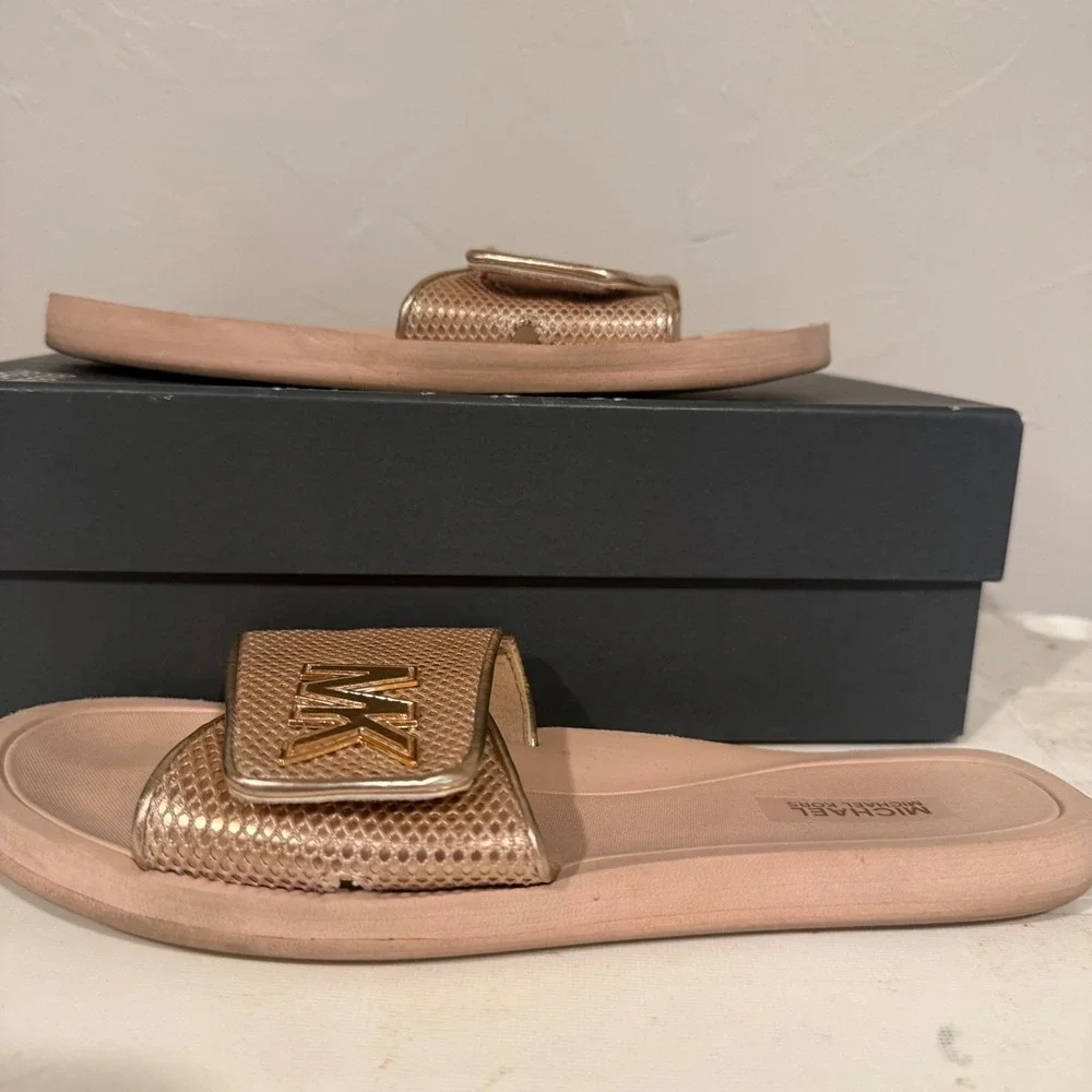 Michael Kors Slide Sandals Womens 7 Rose Gold Fair Metallic Mesh Logo Slides